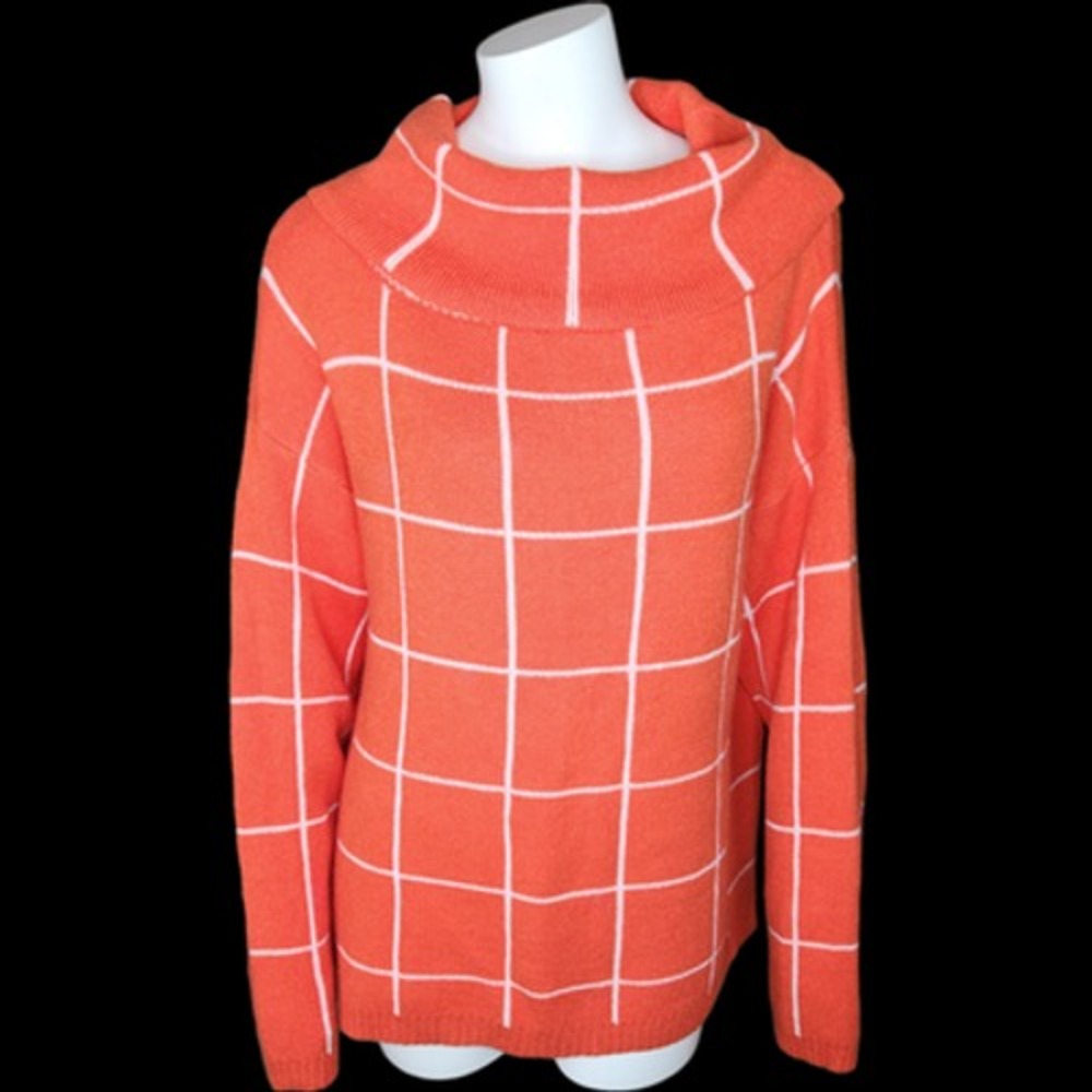 Womens Boutique Turtle Neck TunicSweater Orange White Squares‎ Long Sleeve Large